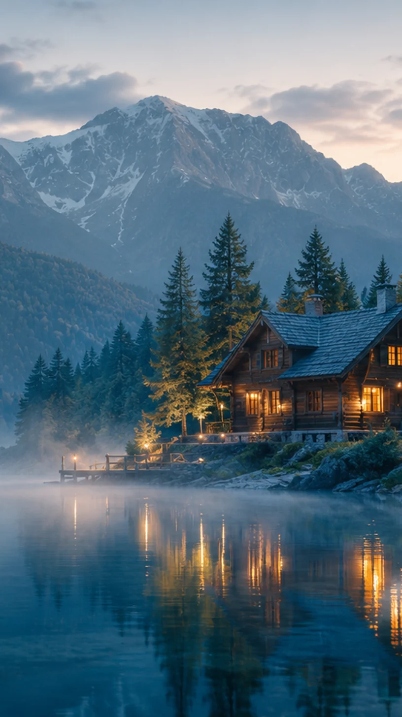 Mirno alpsko jezero z lesenim chaletom, meglico in gorskimi vrhovi